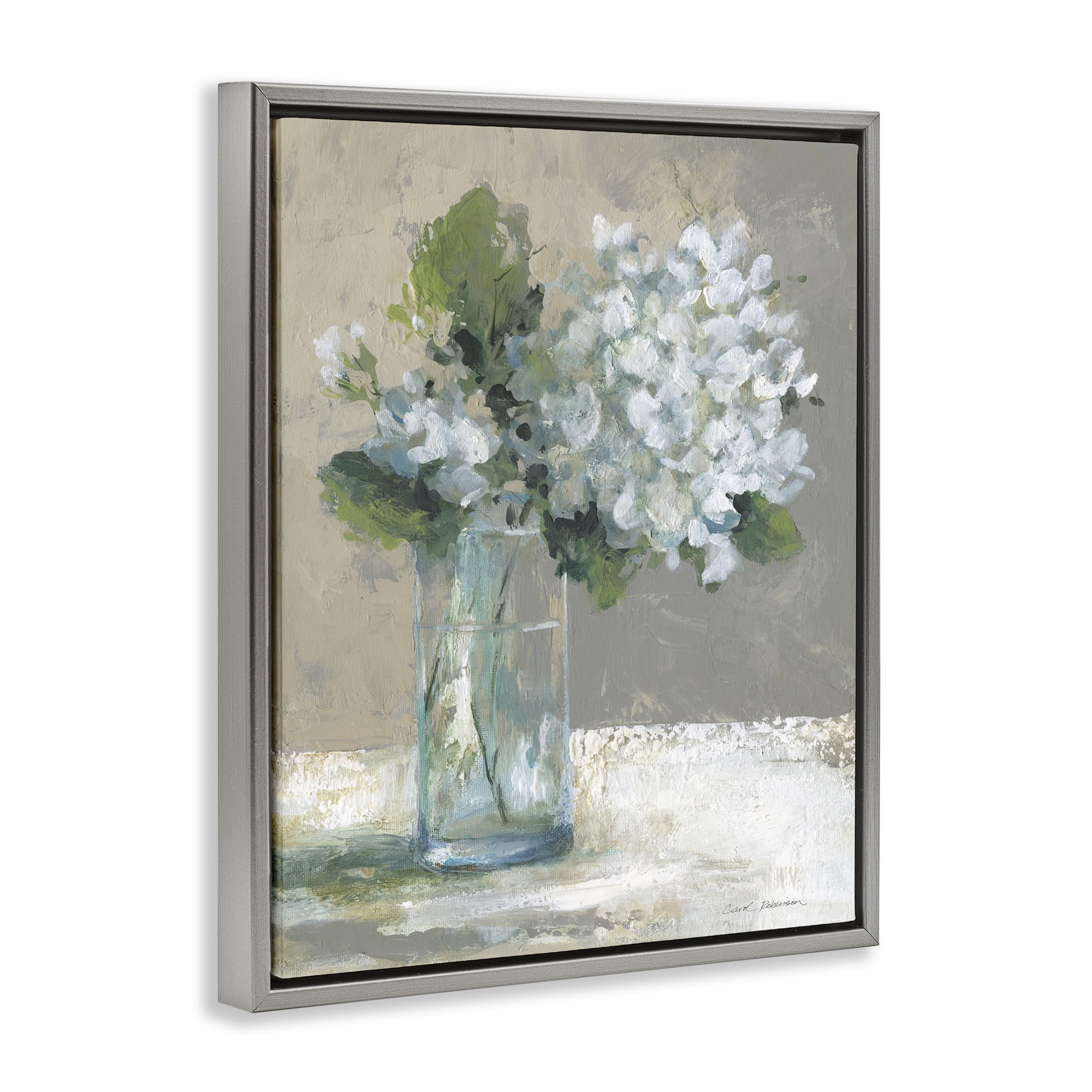 Stupell Industries Serene White Hydrangeas in Glass Gray Framed Floater Canvas Wall Art, design by Carol Robinson