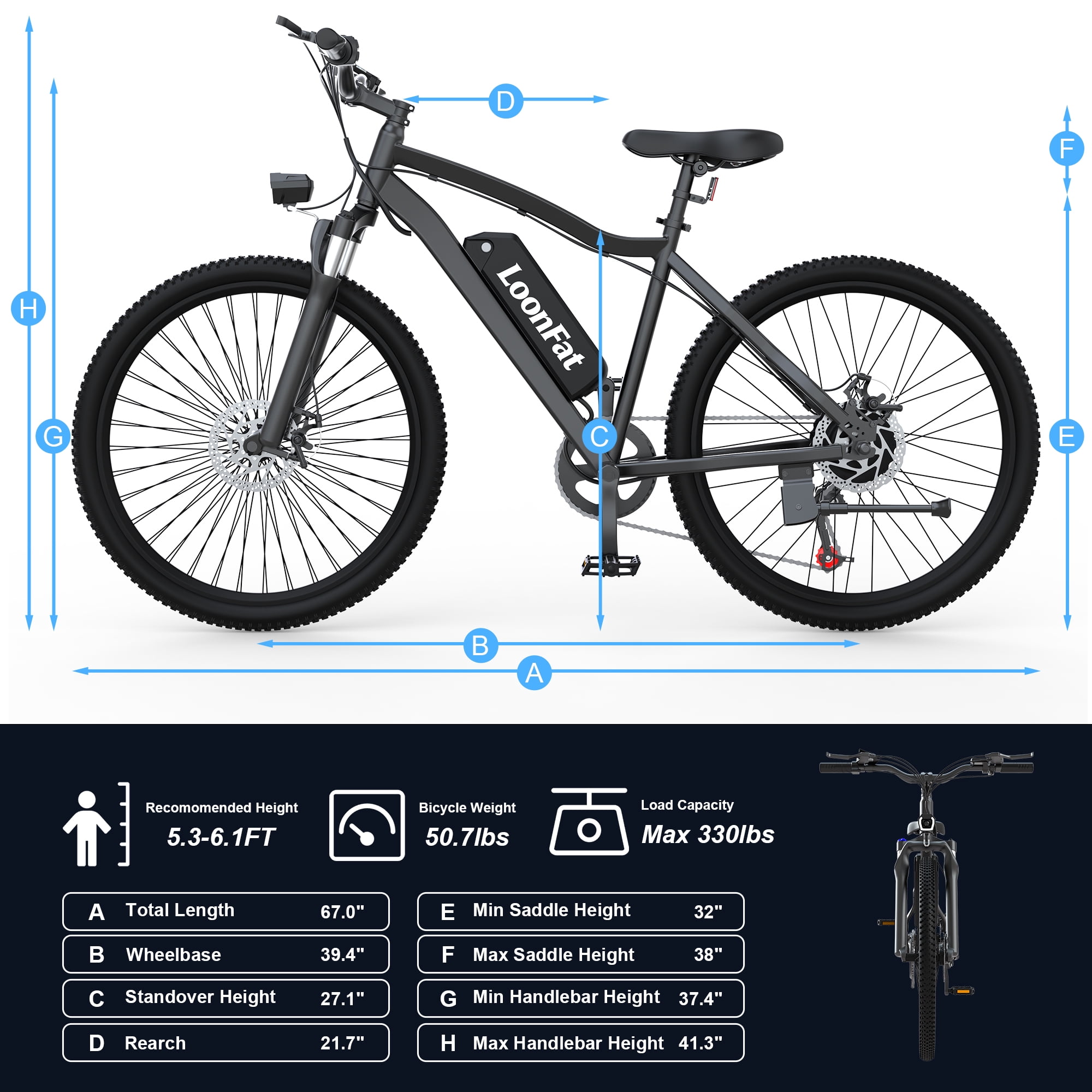 Loonfat E26 26-inch Adult Electric Bike (Black), 750W Peak, 36V 10.4Ah Battery, 35-Mile Range, High Carbon Steel Frame, 7-Speed, UL 2849 Certified