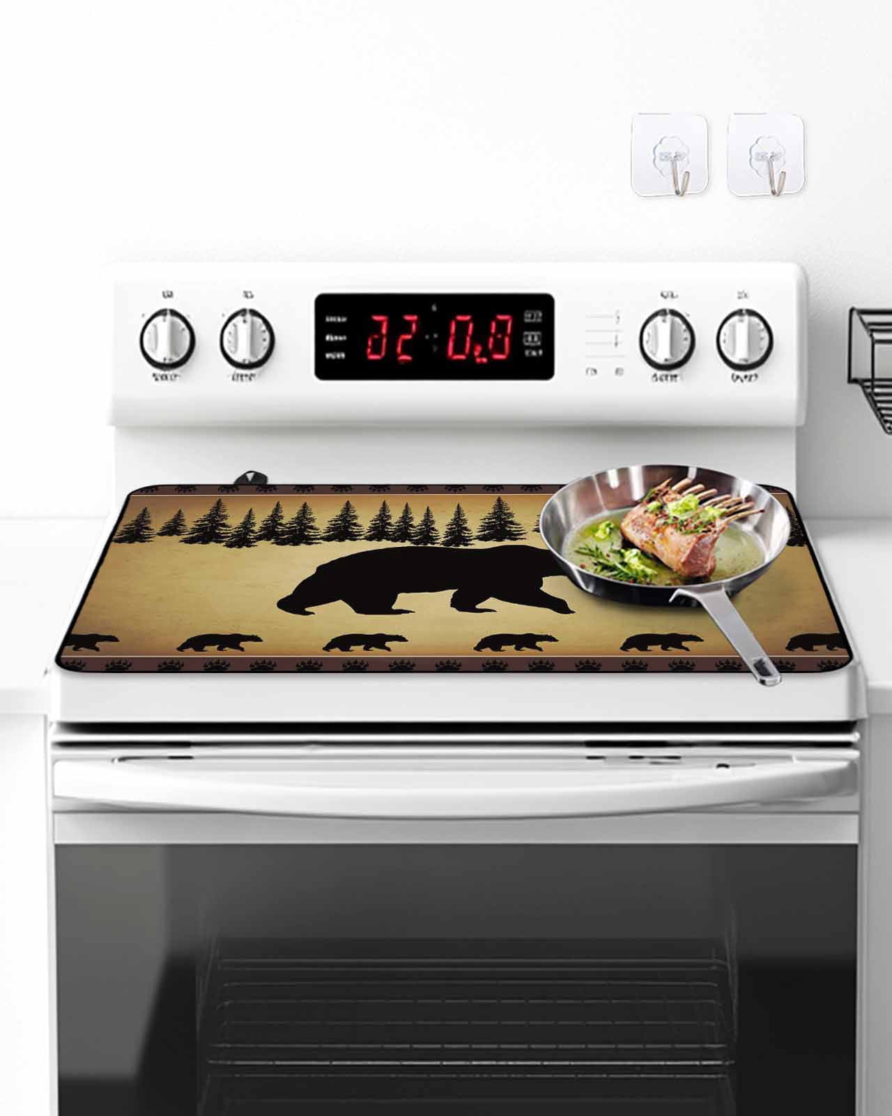 Stove Top Covers for Electric Stove, Black Bear Glass Stovetop Cover Protector, Vintage Animals Farmhouse Pine Brown Forest Induction Cooktop Protector Oven Mat for Kitchen Countertop 24"x21"