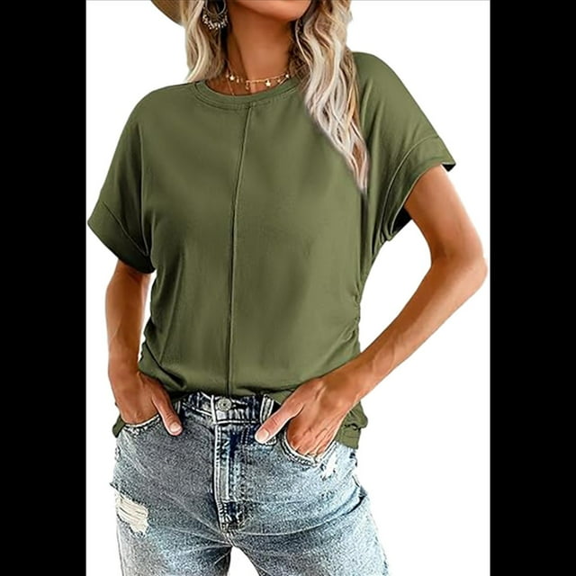 Blusa de Verano con Cuello Redondo y Mangas para Mujer, Color Verde , Talla M