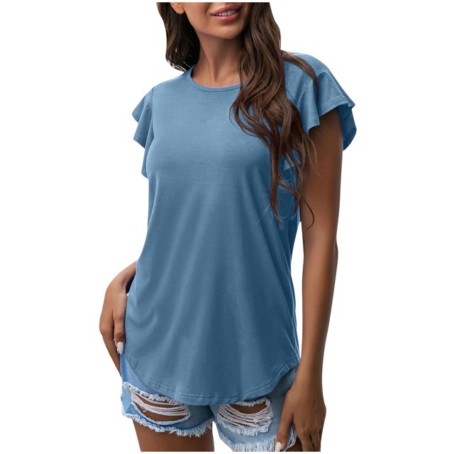 Birdeem Women Casual Round Neck Short Puff Sleeve Solid Color Pullover Blouse T-Shirt Tops Loose Fit