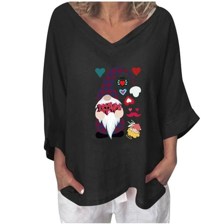 

Womens 3/4 Sleeves Blouse Fashion Retro Valentine s Day Love Printing Pullover Casual Loose V-Neck Ladies Tunics Sweatshirt Tops