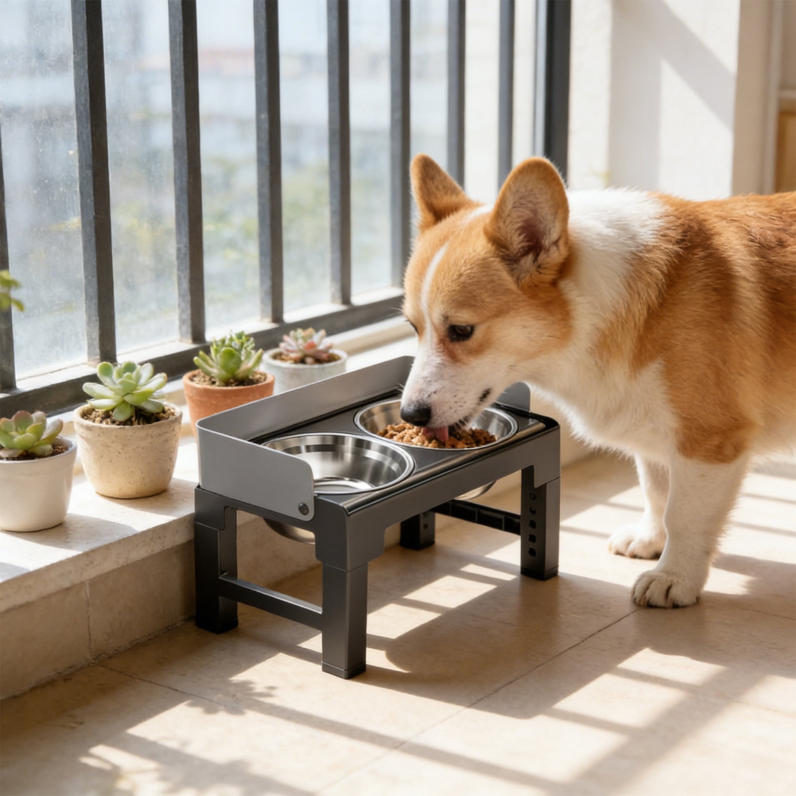 Tuvgenk Pet Elevated Feeding Stand Adjustable Height Double Bowl Set Neck Support Slow Eating Separate Water Food Detachable Daily Care