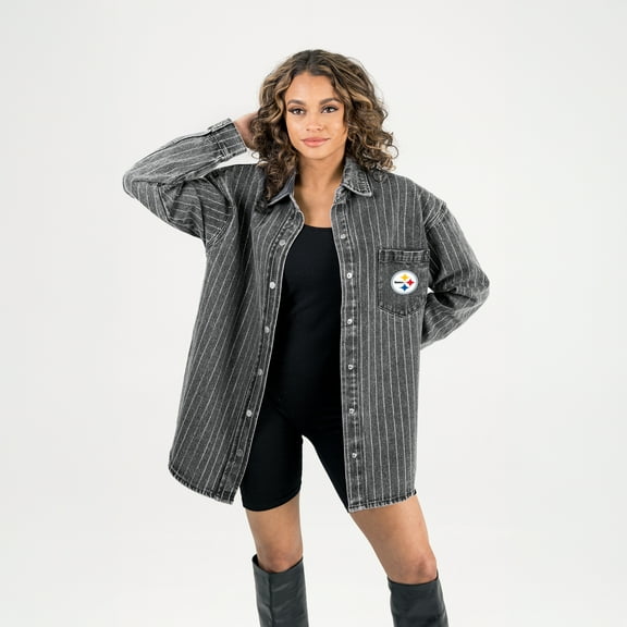 Women's Gameday Couture Black Pittsburgh Steelers Oversized Style's the Limit Micro-Rhinestone Stripe Washed Denim
