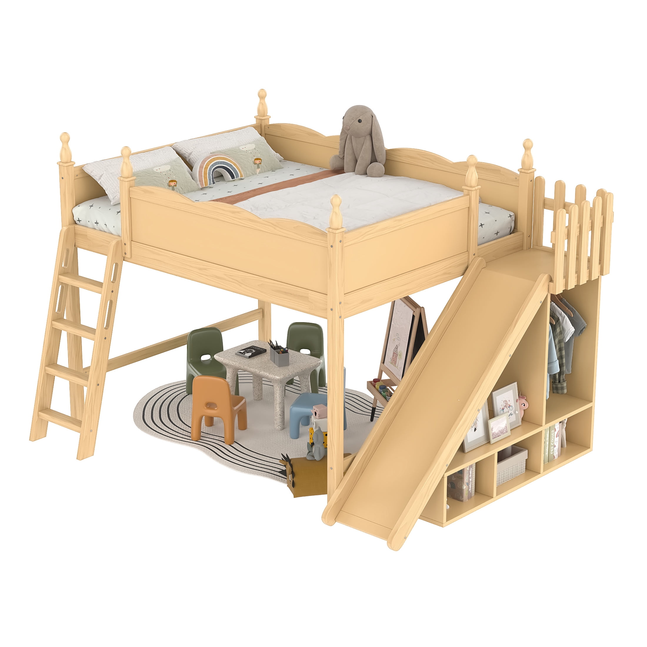 Noble House Queen Loft Bed with Storage Shelves, Detachable Slide and Ladder, Natural