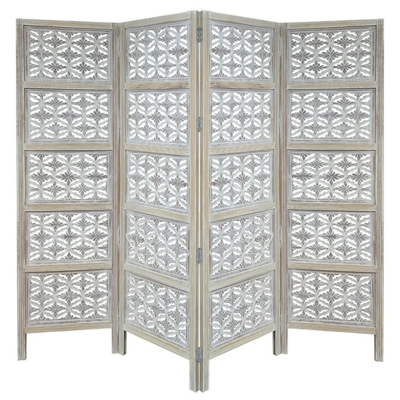 The Urban Port Taj 4 Panel Folding Room Divider Screen, Antique White Mango Wood, Floral Carved Design