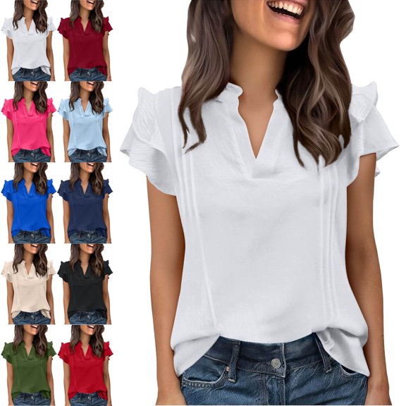 Zivyakyron Tshirts Shirts for Women Short Sleeve V-Neck Summer Tops for Women Casual Breathable Plain Loose Ruffle Tops