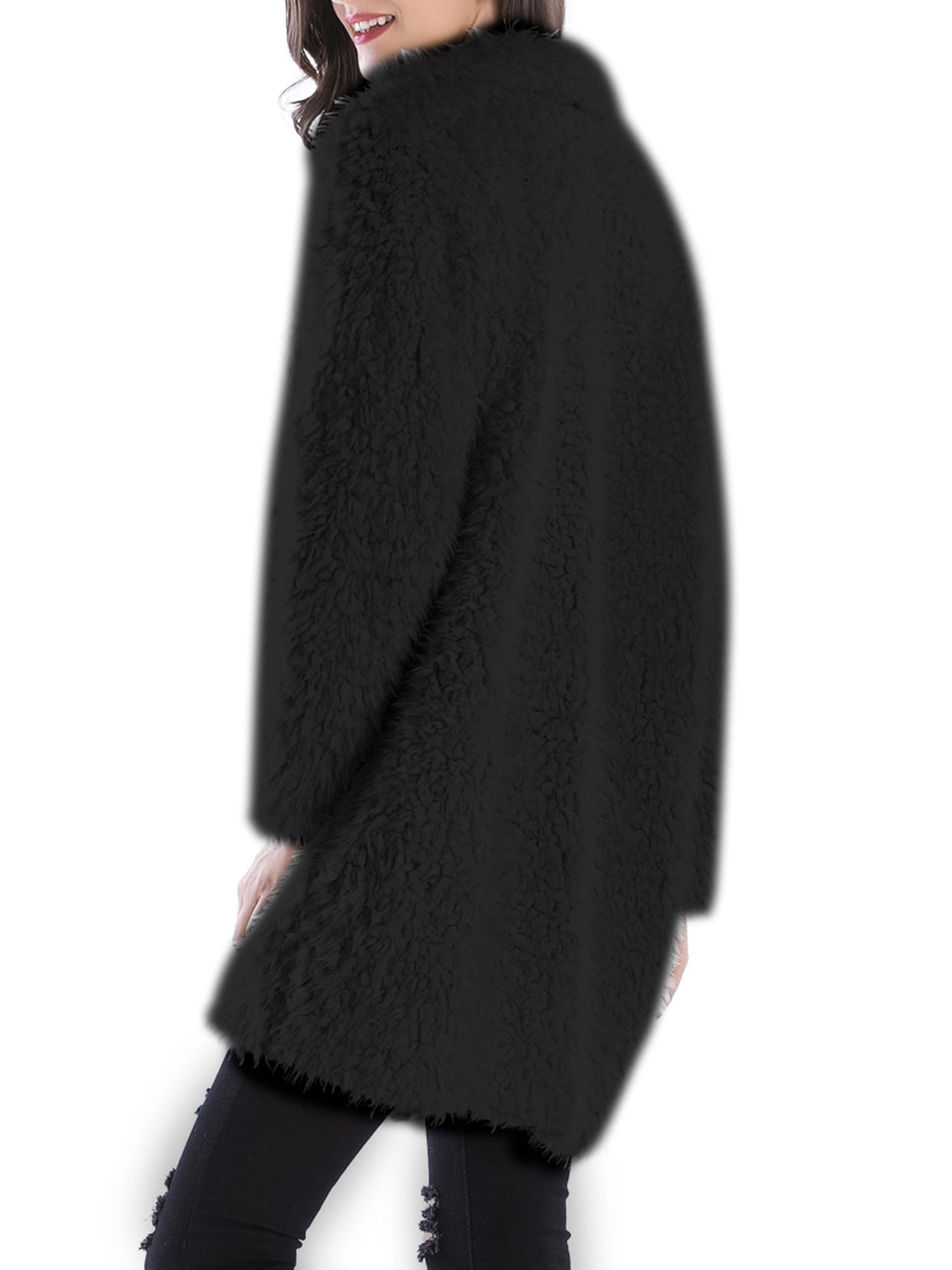 Womens Fuzzy Fleece Lapel Long Cardigan,Solid Color Faux Fur Open Front Coat Warm Winter Outwear