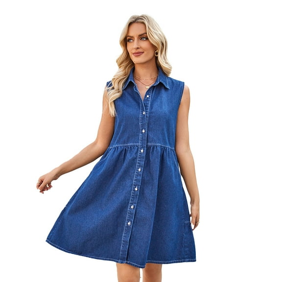 Chenyin Leeveless Denim Dress for Women's Loose Buttons Washed Jeans Dresses Spring Summer Womens Long Skirts S-SL