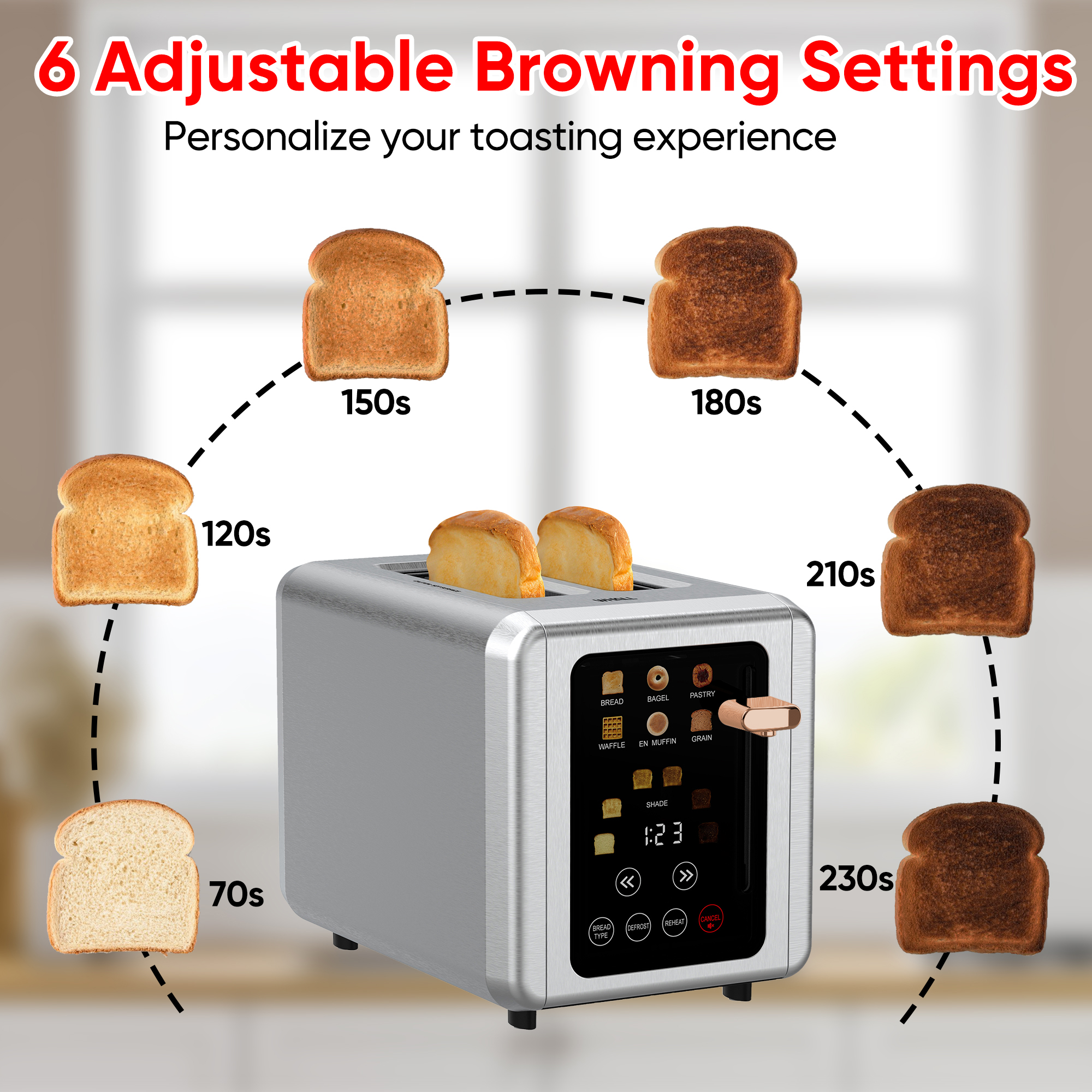 WHALL Touchscreen Toaster 2 Slice - Stainless Steel Toaster with Wide Slot, 6 Shade Settings, Bagel Function, Removable Crumb Tray