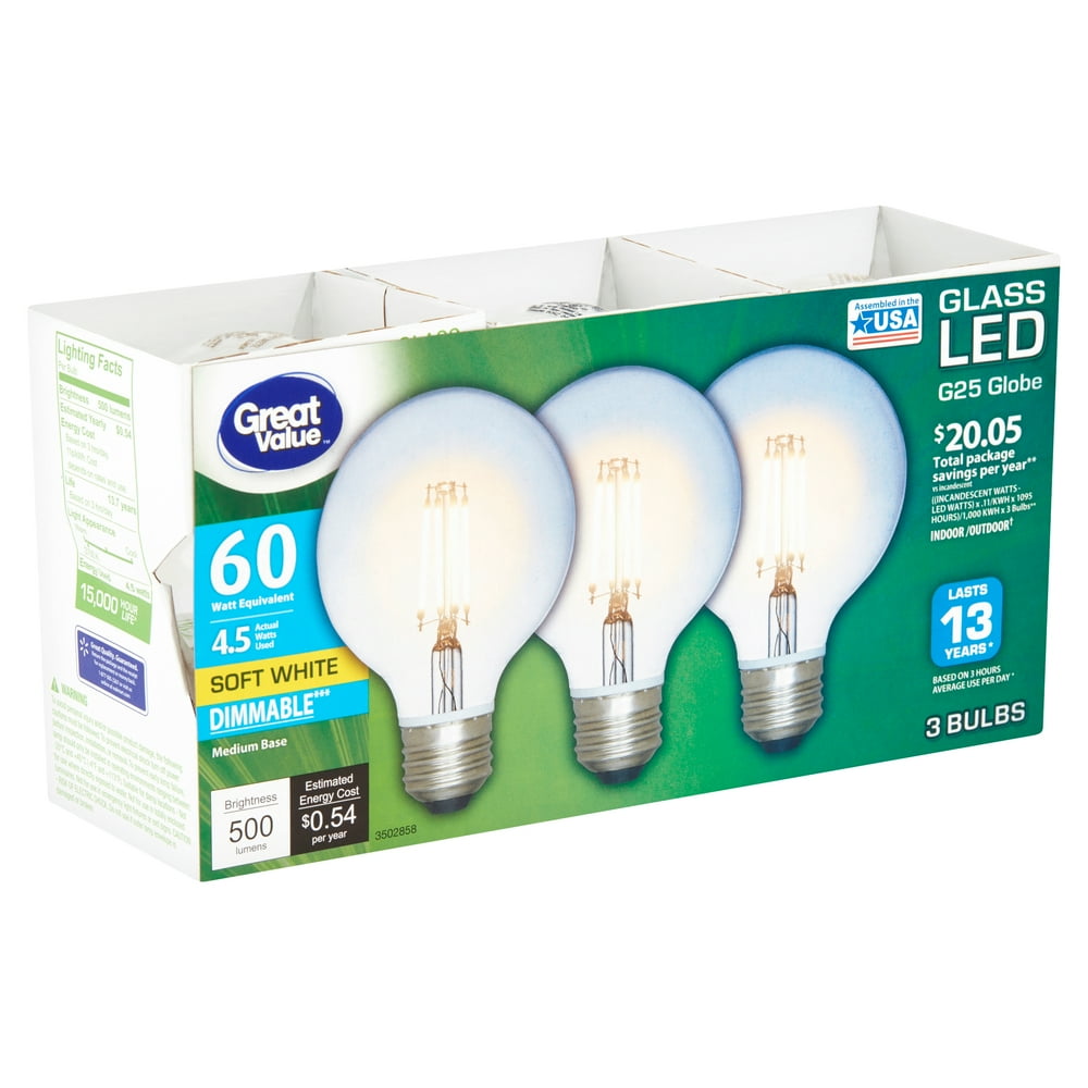 Great Value Glass LED 4.5 Watts G25 Globe Soft White Medium Base Bulbs
