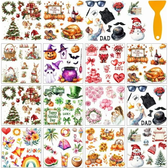 12 Sheets All Holiday Rub On Transfer Stickers with Scraper Christmas Winter Stickers