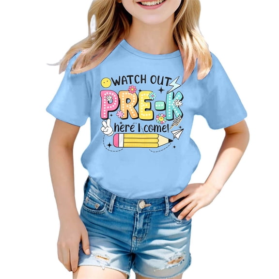 Girls School Print T Shirt Short Sleeve Crewneck Cute Top Casual Back to School Summer Tee