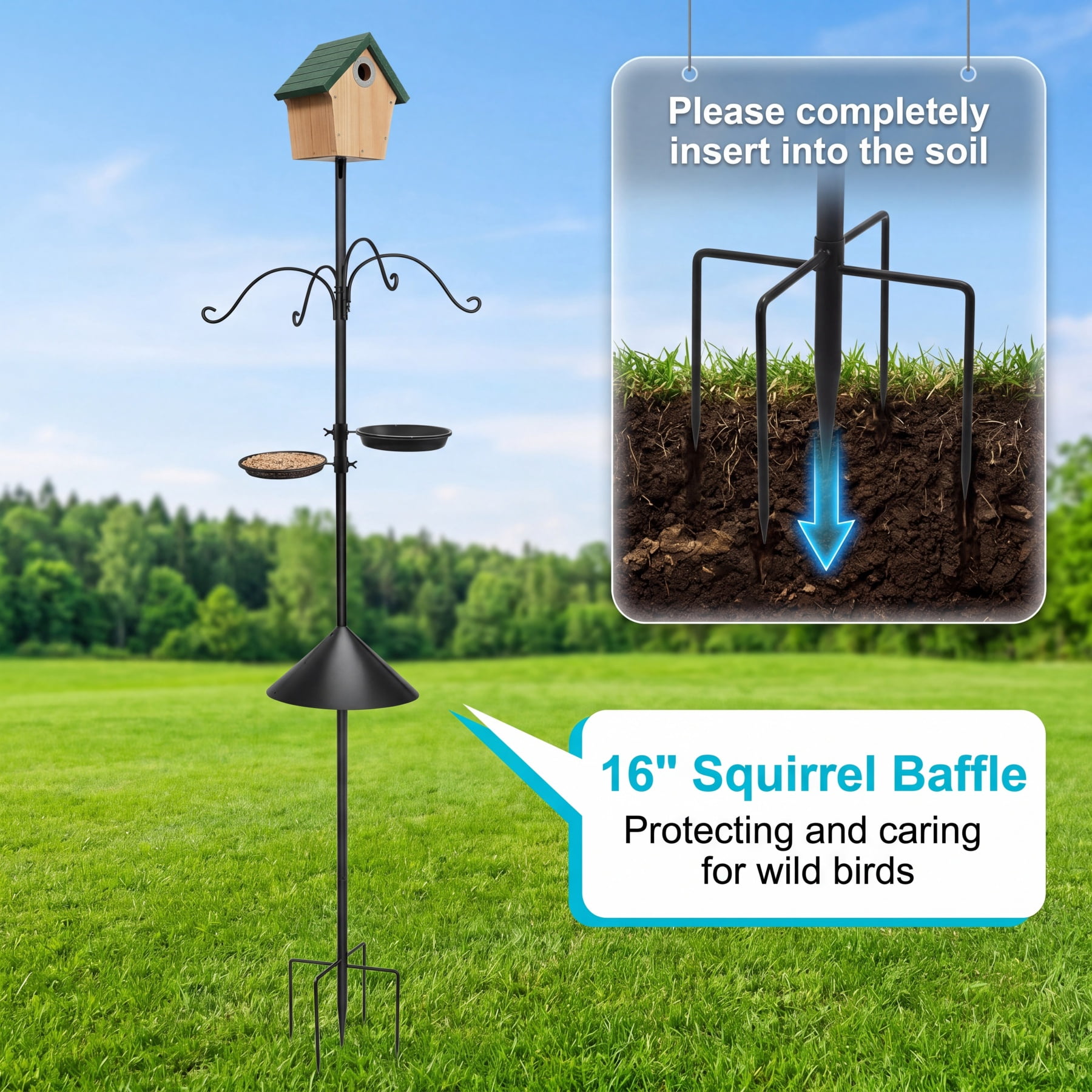 Umailgoo 92" Bird Feeder Pole with Squirrel Proof Baffle & 4 Shepherds Hooks- Adjustable Heavy Duty Bird House Feeding Station Stand Kit with 5-Prong Anchor for Outdoor Garden