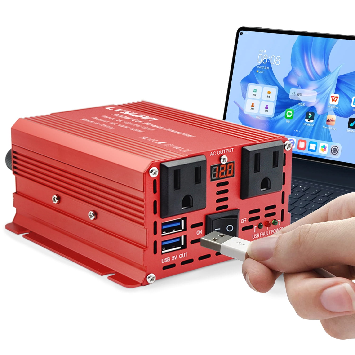 LVYUAN 500 Watts Power Inverter Converter Adapter Battery Charger DC to AC 12V to 110V 2AC 2USB LED Display for Car Red