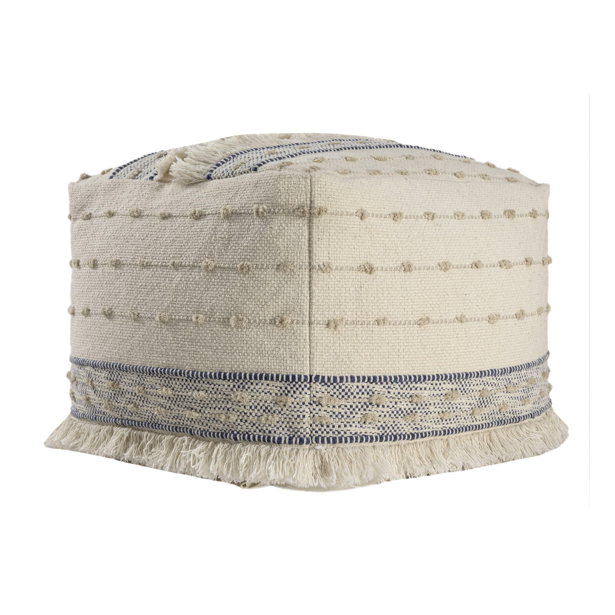 Ox Bay Tristan Striped Handmade Cotton Medium Square Pouf Ottoman, Navy/Ivory, 18" x 18" x 14"