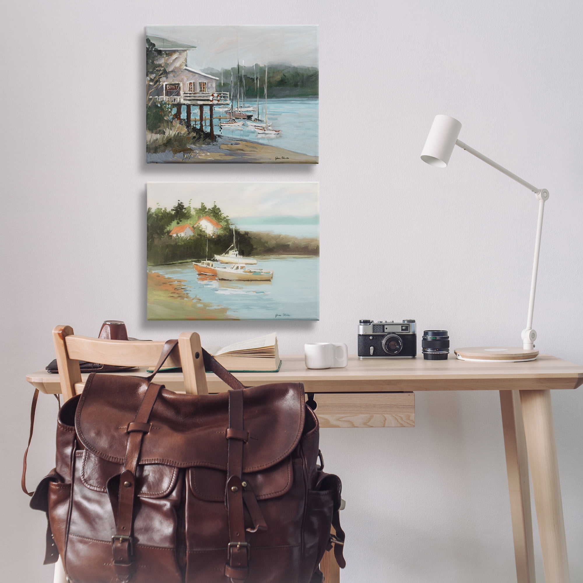 Stupell Industries Boat Lakeshore Landscape Landscape & Nature Painting Wrapped Canvas Art Print Wall Art, 20 x 16, Set of 2