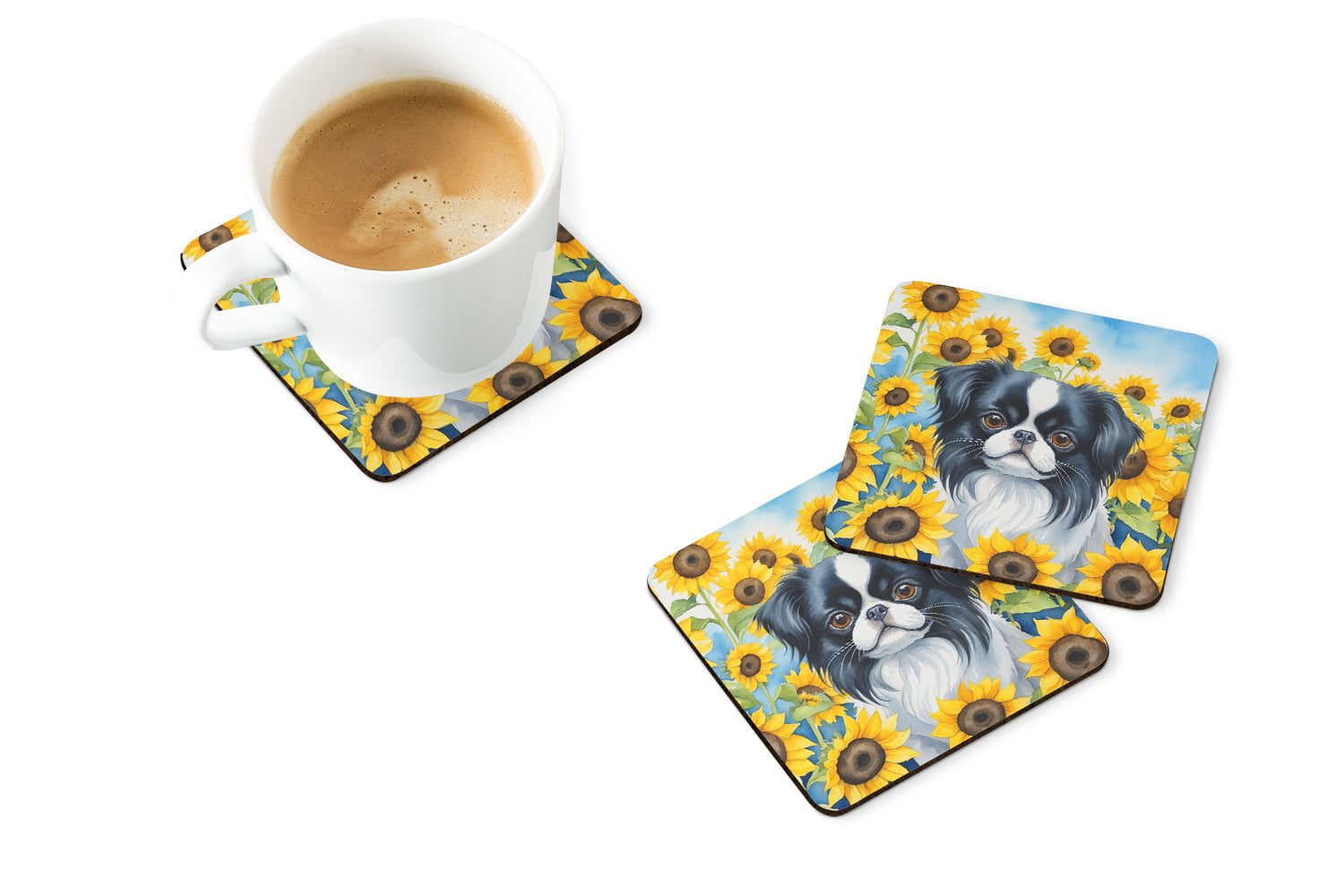 Japanese Chin in Sunflowers Foam Coasters 3.5 in x 3.5 in