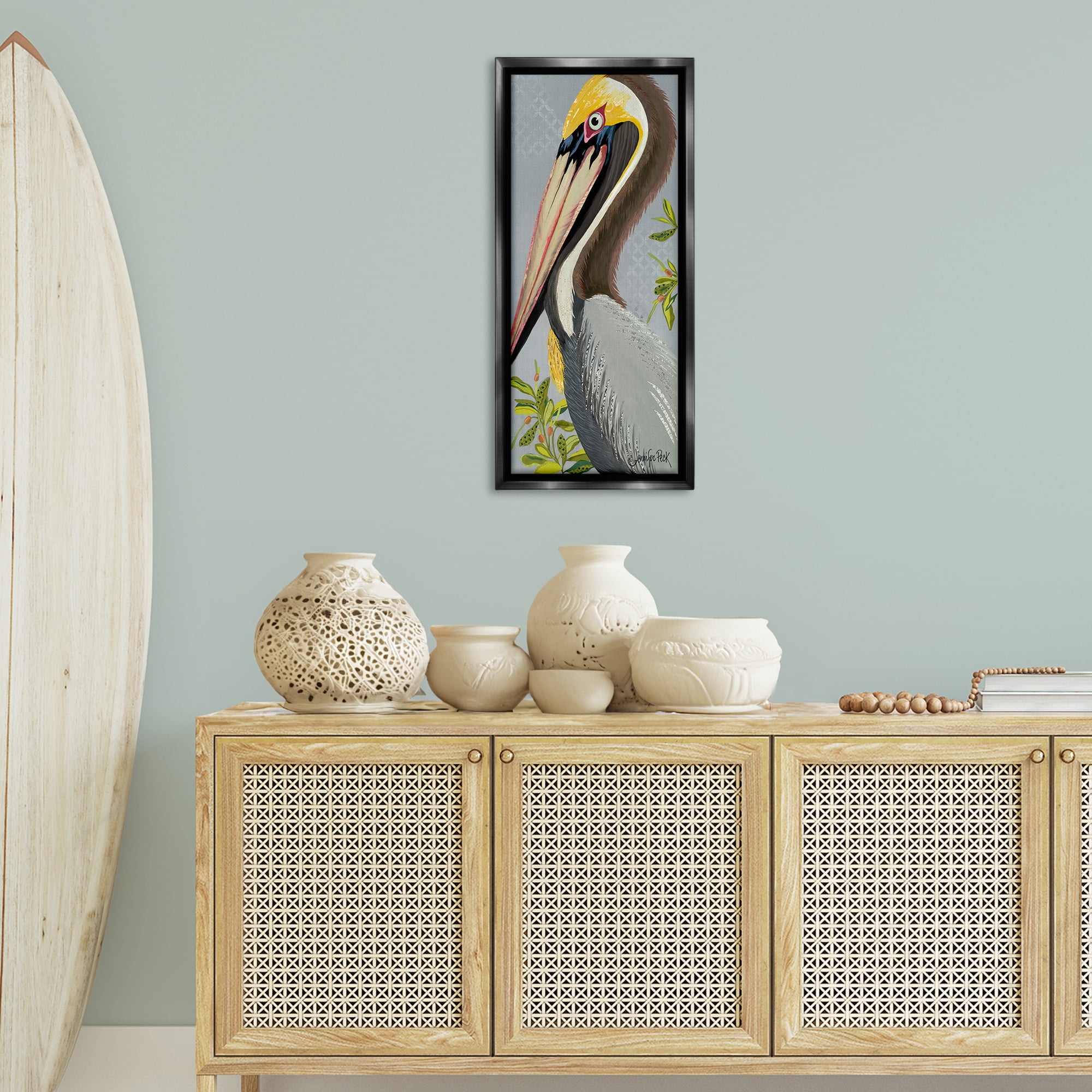Stupell Industries Pelican on Grey Animals & Insects Painting Black Floater Framed Canvas Art Print Wall Art, 15 x 31