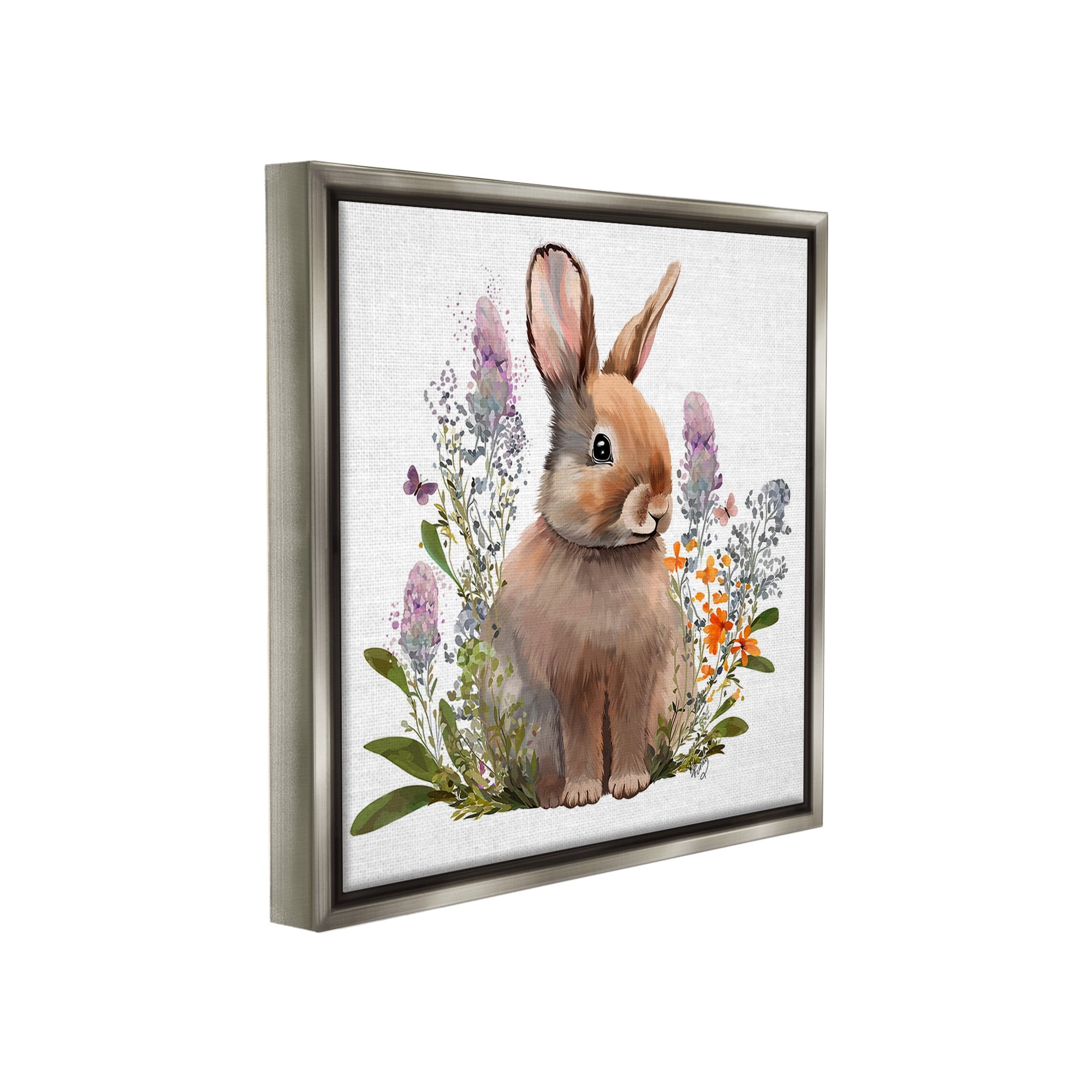 Stupell Industries Brown Bunny with Florals Animals & Insects Painting Gray Floater Framed Canvas Art Print Wall Art, 25 x 25