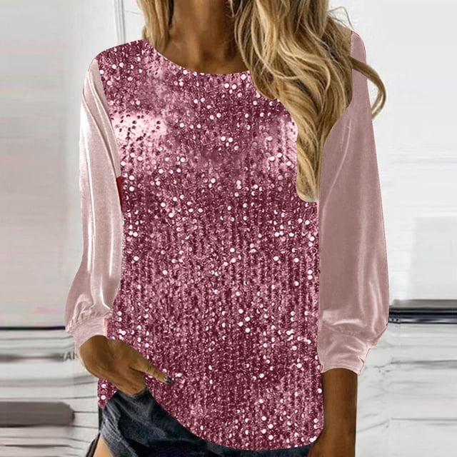 TIMIFIS Sequin Long Sleeve Shirts for Women Casual Loose Solid Color Pullover Tops Trendy V Neck Going Out Blouses Shirts Spring Fall - Spring/Summer