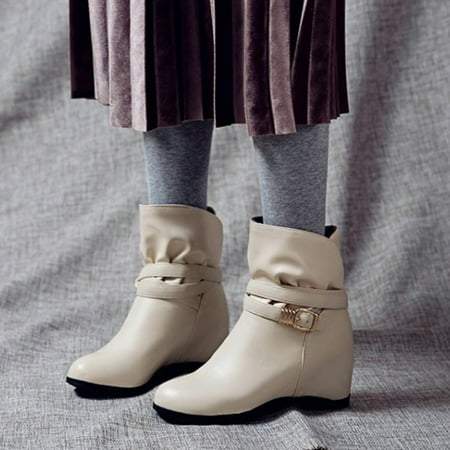 

ZMHEGW Boots For Women Ladies Solid Color Leather Face Belt Buckle Zipper Inner Booties Boots Shoes