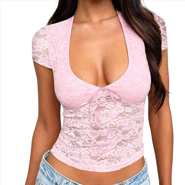 Camisa de Larga con Encaje para Mujer, Corte Bajo, Estilo Y2K, Corte Entallado, Ideal para Salir, Discotecas y Conciertos. Rosa L