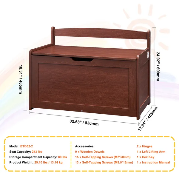 Wooden Toy Chest for Kids, Toddler Toy Storage Box with Flip-Top Lid and Safety Hinge, Large Kids Storage Bench for Playroom, Bedroom, Living Room or Entryway, Cherry Finish