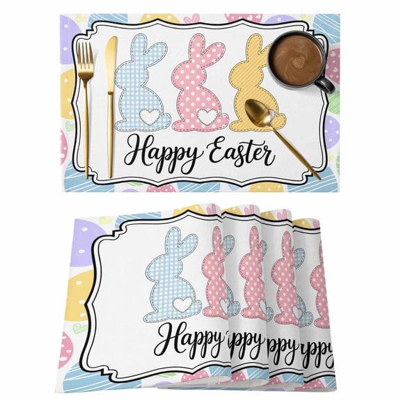 Happy Easter Placemats Set of 8, Cute Lovely Colorful Rabbits Silhouette Eggs Placemats for Dining Table, Place Mats for Kitchen Tabletop, Waterproof Wipeable Dining Table Mats Set