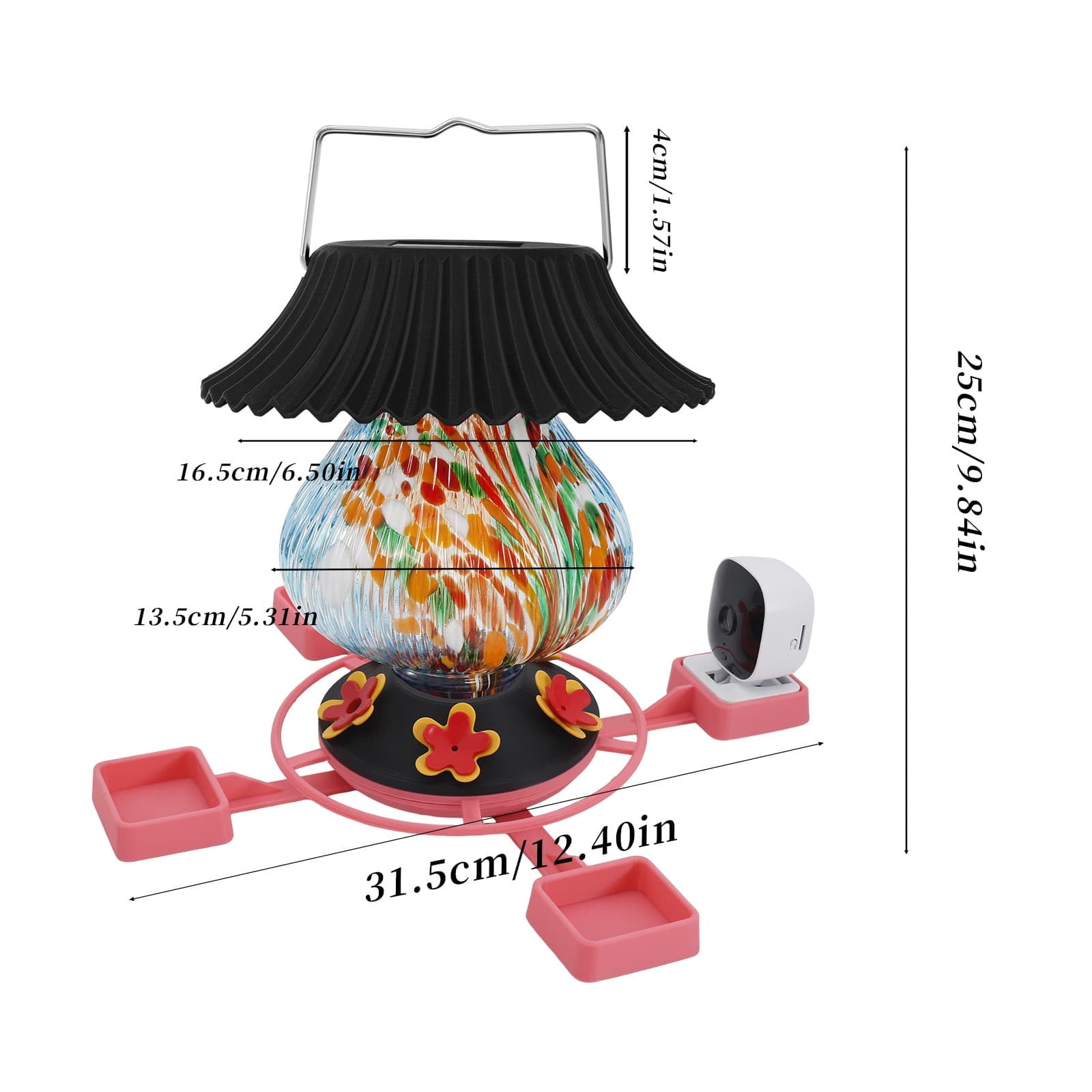 Diceymbol Smart Humming Bird Feeder With 1080P HD Camera Solar Powered Bird Feeder With LED Light 4 Feeding Ports Outdoor Garden Bird Watching Feeder For Patio Backyard