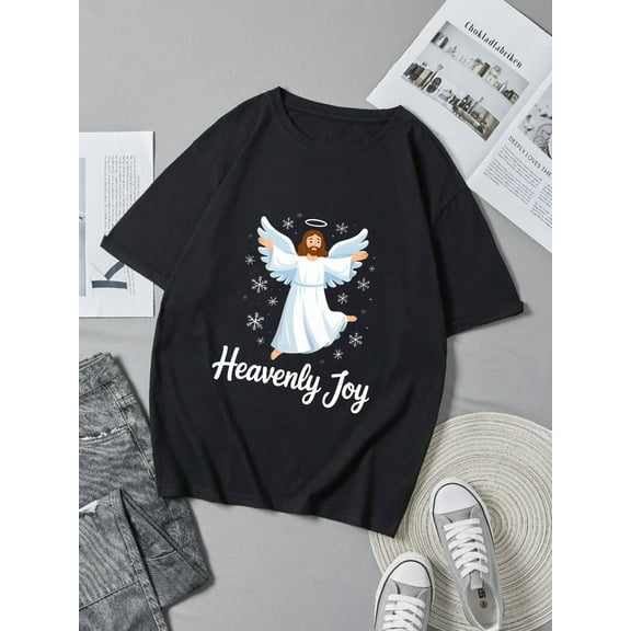 Christmas Angel Heavenly Joy Snowflake Design Black Graphic T-Shirt for Men and Women ,Tops Tee