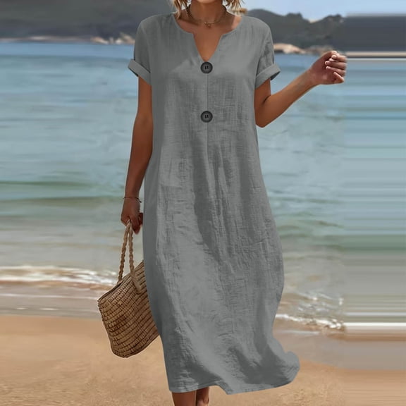Neewe Summer Dresses for Women 2026 Cotton Linen Button Down Short Sleeve Shirt Dresses Casual Maxi Beach Dress
