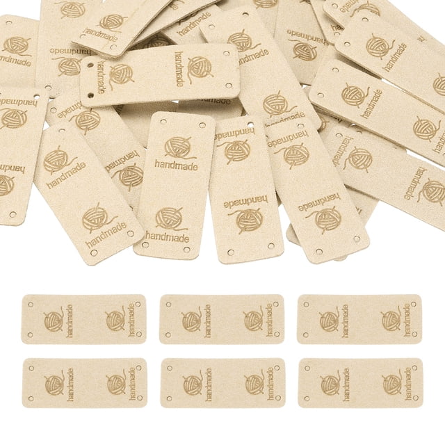 50 Pcs Etiquetas de Cuero Hechas a Mano, Etiquetas de Cuero Rectangulares con Agujero Grabado para Embellecimiento de Artesanías DIY Guantes Bolsas, Beige