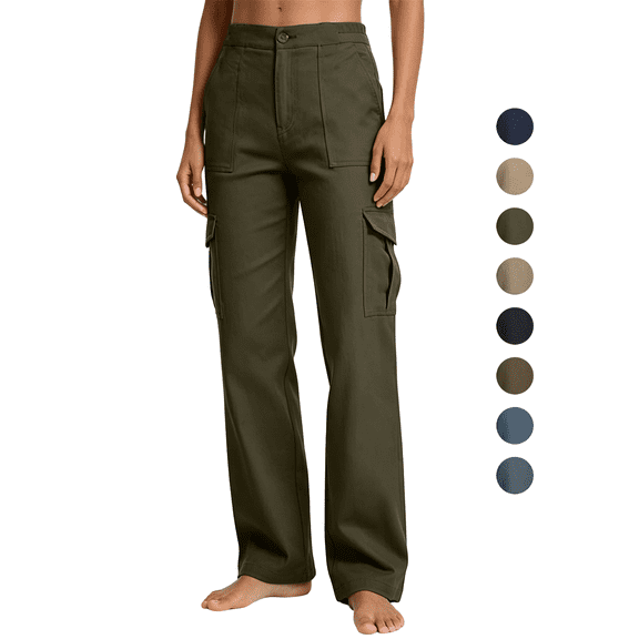 Women's Relaxed Straight Work Pants High Waisted Cotton Twill Cargo Pants Women with Multiple Pockets Button for Work to Weekend