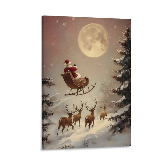 Christmas Wall Art Santa Sleigh Reindeer Poster For Winter Room Bedroom Decor Wall Decor-Christmas Canvas Art Print Picture For Xmas Holiday Decoration Gifts