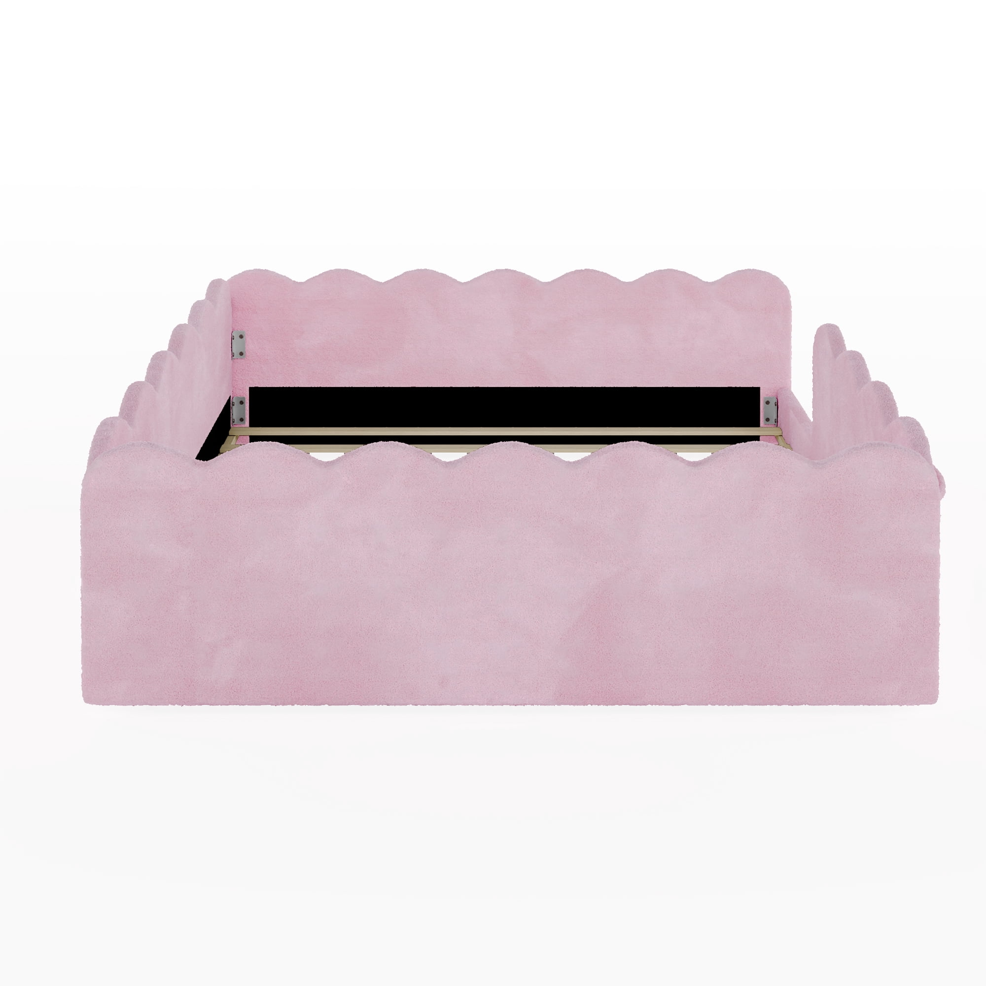 Howcool Montessori Upholstered Floor Bed with Soft Wave Guardrails,Full Size Rabbit Plush Toddler Bed with Storage Pockets,Pink
