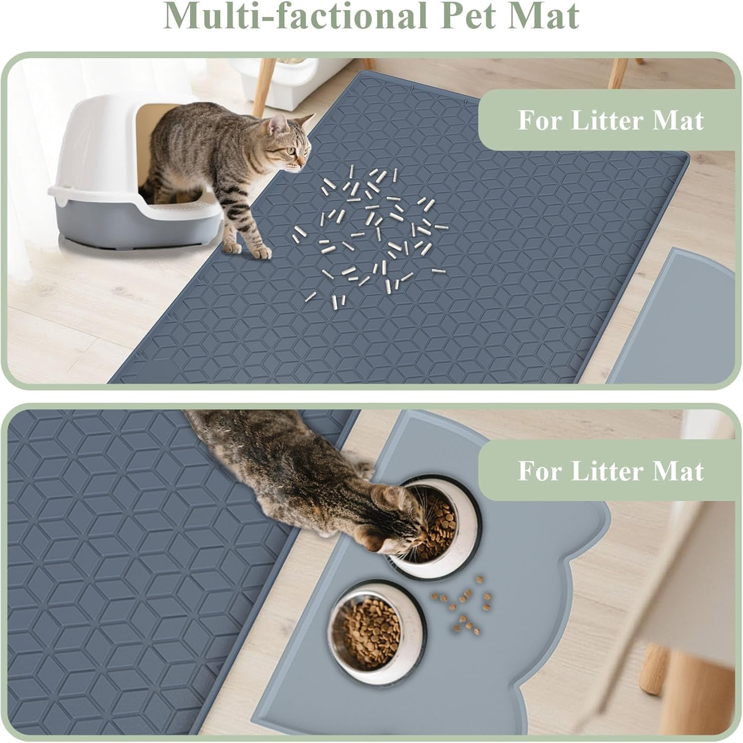 Cat Litter Mat, ODDPC Large 34" X 22" Cat Litter Mat,Silicone Litter Cat Mat with Food Mat, Water Proof&Easy to clean,Grey