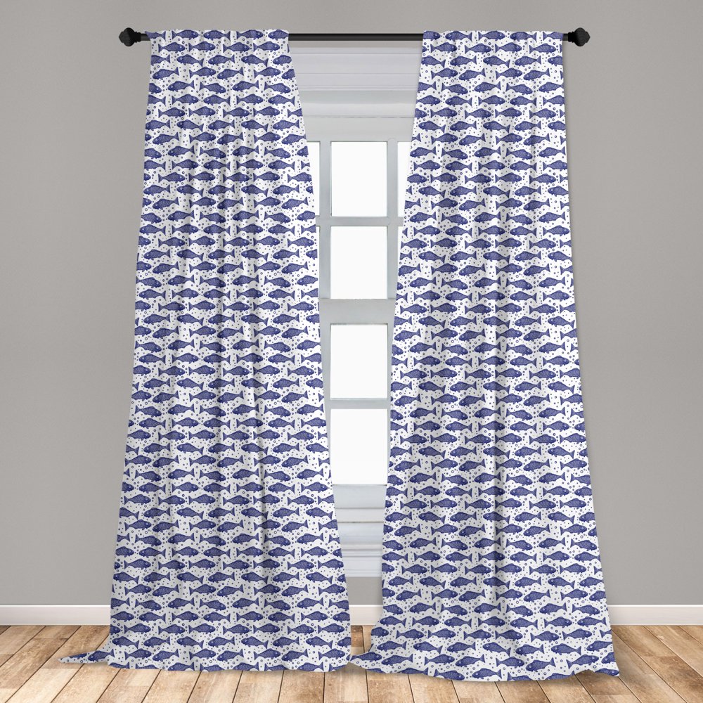 Nautical Curtains 2 Panels Set, Monochrome Hand Drawn Hatched Style