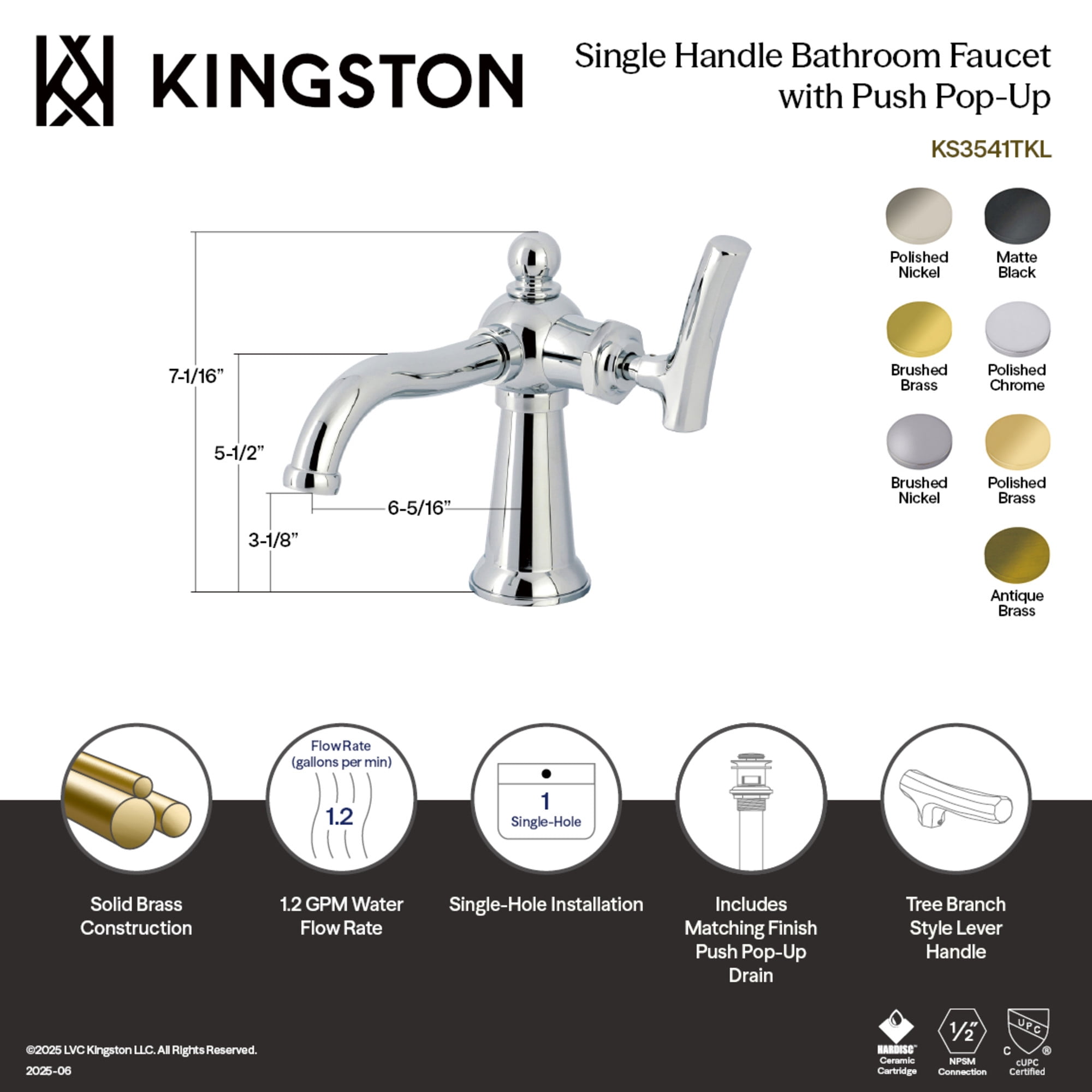 Kingston Brass KS3547TKL Hallerbos One-Handle 1-Hole Bathroom Faucet with Push Pop-Up Drain in Brushed Brass