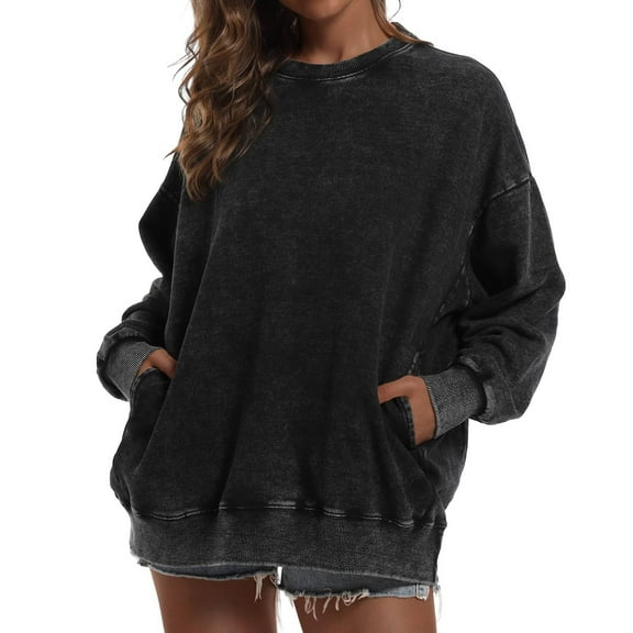 YOUSNH Oversized Vintage Hoodie for Women Cotton Loose Fit Baggy Hooded Sweatshirt Trendy Basic Wash Pullover Top Women Sweatshirt Black L
