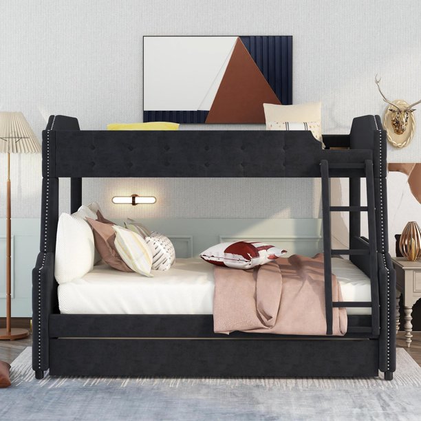 UBesGoo Twin over Full Upholstered Bunk Bed with Trundle and Ladder