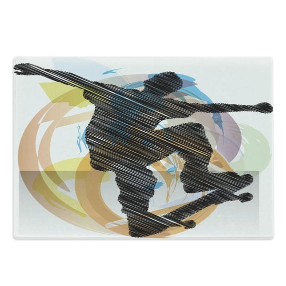 Teen Room Cutting Board, Abstract Grunge Sketch Art of a Skater Young Boy Exotic Sports Graphic, Decorative Tempered Glass Cutting and Serving Board, Large Size, Multicolor, by Ambesonne