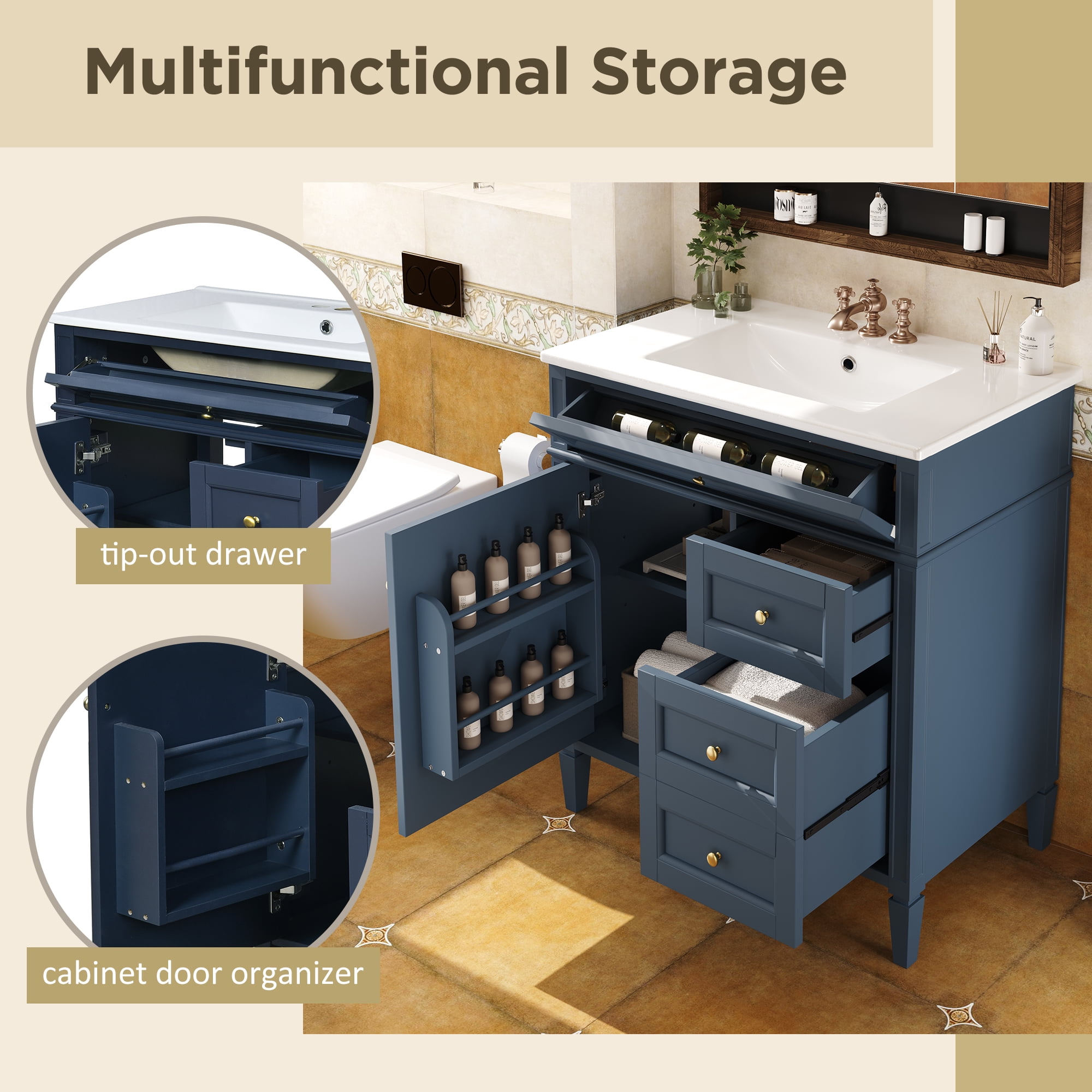 Euroco Modern Bathroom Vanity with Drawers, Cabinet Door Organizer & Tip-Out Tray,Freestanding Storage Cabinet with Sink Compatibility