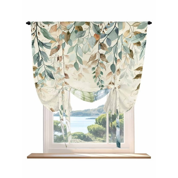 Green Blue Pumpkin Fall Tie Up Curtains for Windows 45 Inch Length Balloon Curtains Kitchen Adjustable Balloon Window Shade Thanksgiving Botanical Eucalyptus Leaves Tie Up Bathroom Curtain 34"x45"