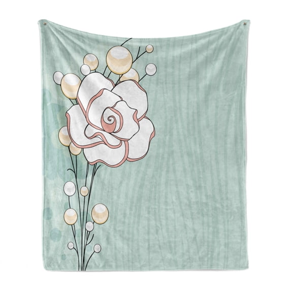 Flower Soft Flannel Fleece Throw Blanket, Romantic Rose Sign of Eternal Love with Pearls the Purity Print, Cozy Plush for Indoor and Outdoor Use, 50" x 60", Baby Blue White and Pink, by Ambesonne