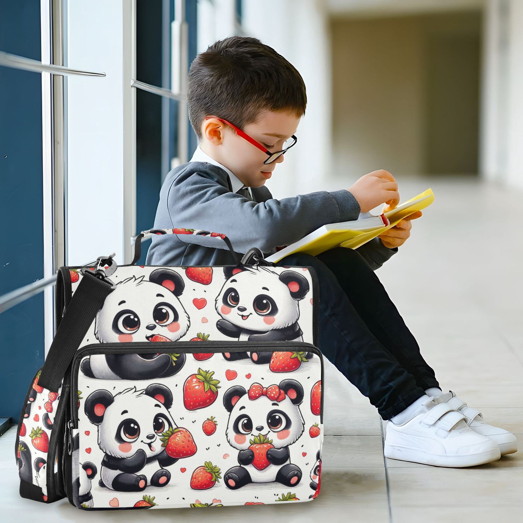 3 Ring Zipper Binder with Shoulder Strap Waterproof Trapper Keeper 2 Inch D-Ring 500 Sheets Capacity Cute Panda with Strawberry