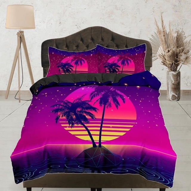 Vaporwave Sunset In Tropical Beach Bedding, Cool Hippie Pink Purple Funda Nórdica