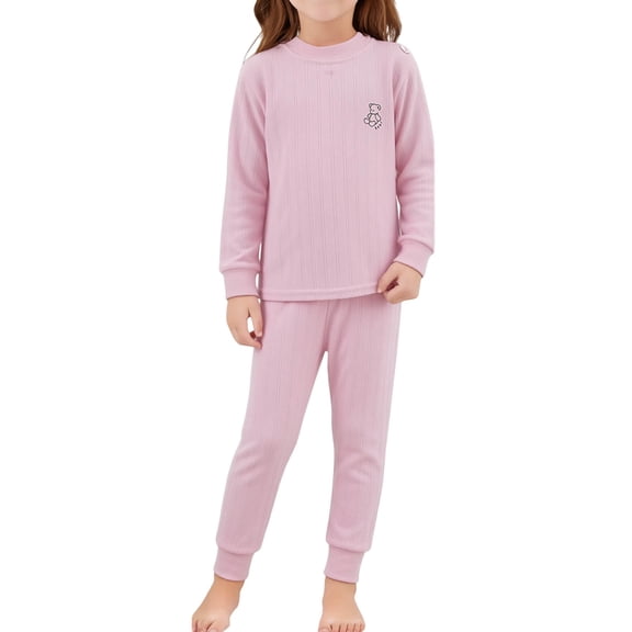 Cethrio Girls Cotton Pajama Sets Long Sleeve, Crew Neck Casual 2 Piece Girls' Sleepwear Pink Size 6