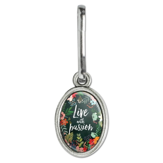 Live with Passion Floral Inspirational Antiqued Oval Charm Clothes Purse Suitcase Backpack Zipper Pull Aid