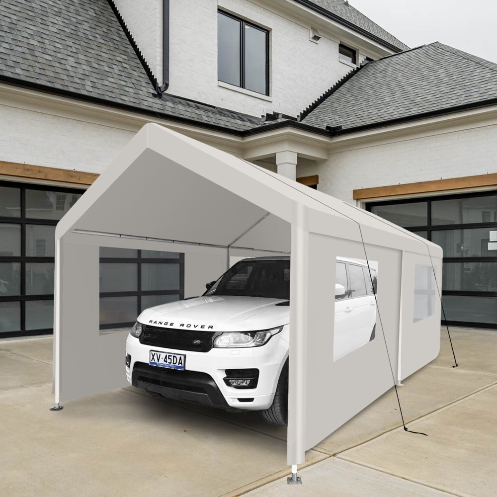 10x30 FT Heavy-Duty Portable Carport Garage Tent with Windows - Ideal Outdoor Storage Shelter in White. Perfect for Protecting Vehicles and Equipment from the Elements!